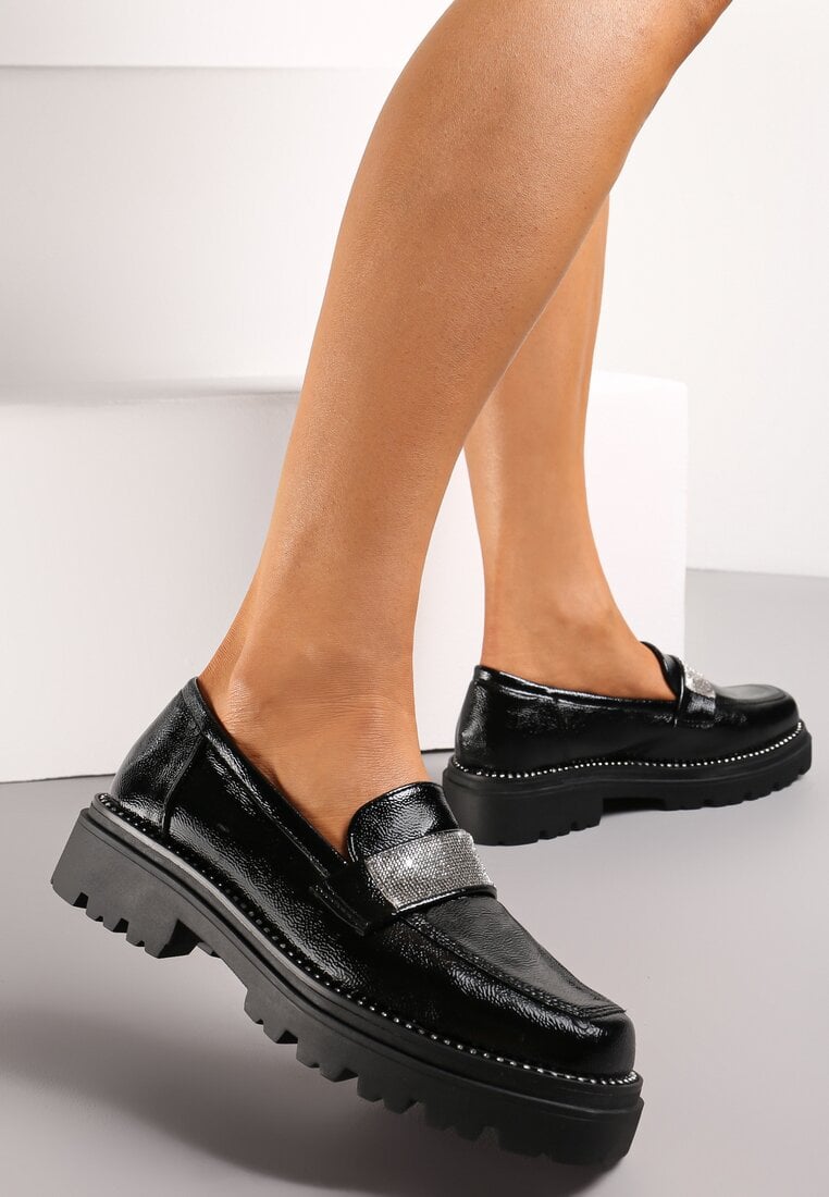 Mocasini Negri cu Curea cu Strasuri și Branț din Piele Naturală Gandes