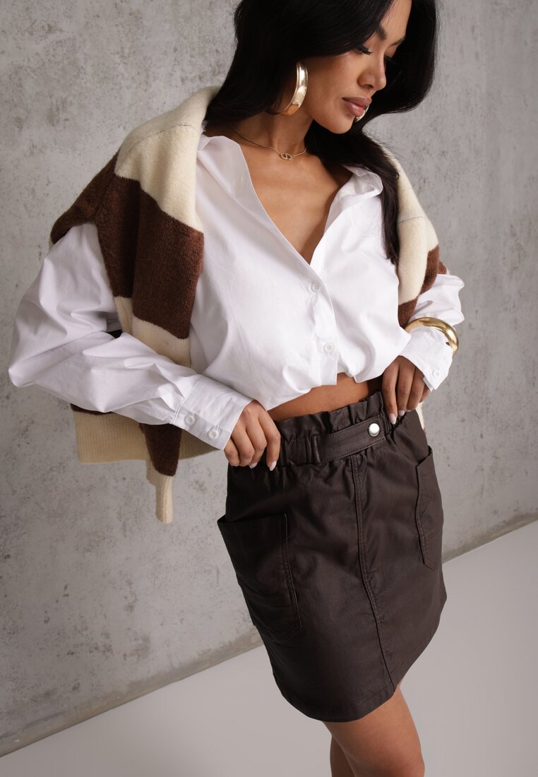 Fustă Mini mulată maro închis din imitație de piele cu elastic în talie și cu buzunare Anishree