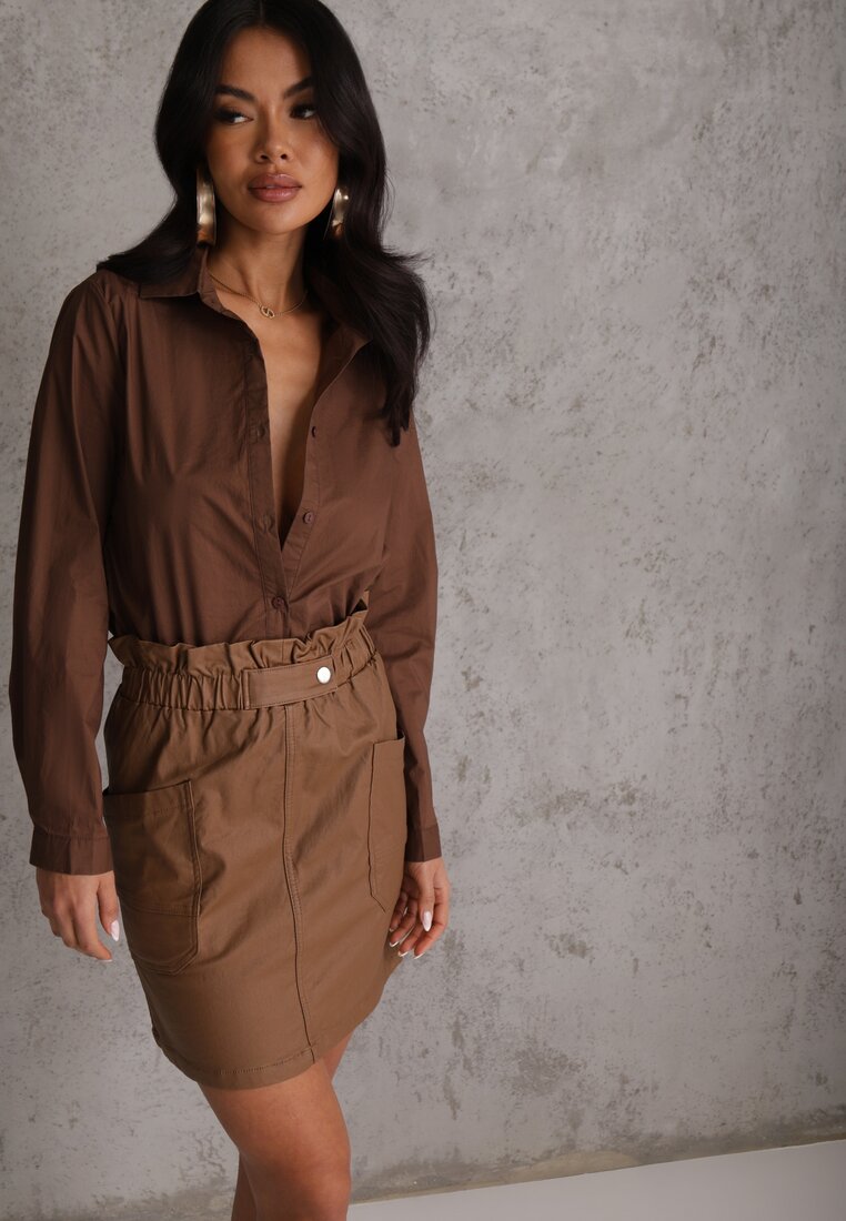 Fustă Mini Mulată Maro din Imitație de Piele cu Elastic în Talie și Buzunare Anishree