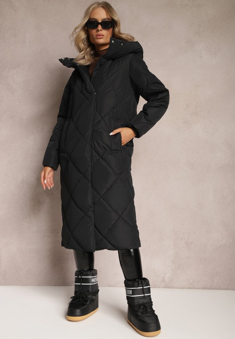 Jachetă Palton Neagră Matlasată sub genunchi cu glugă Kinassan