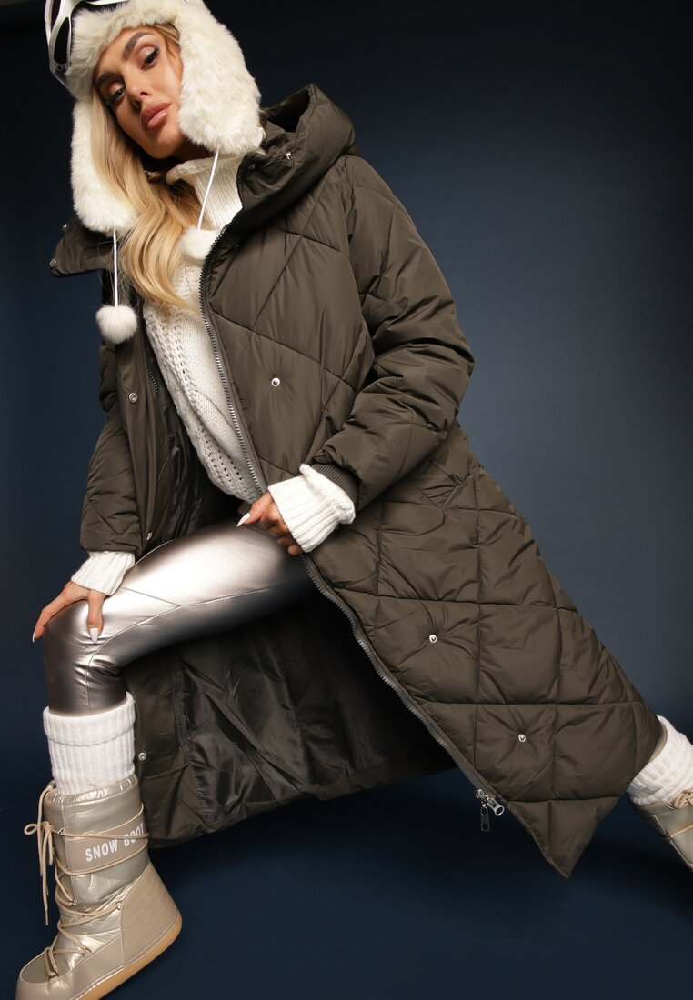 Palton matlasat verde închis peste genunchi cu glugă Kinassan