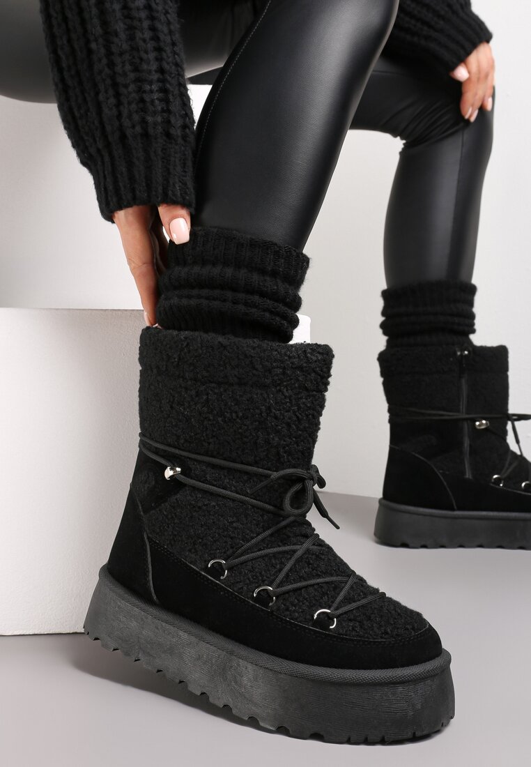 Cizme de zăpadă cu blană Negre pe platformă cu șiret decorativ Ebele
