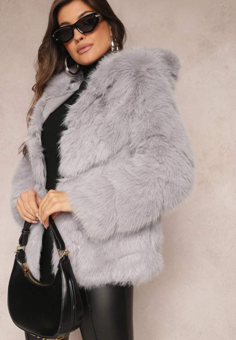 Jachetă Gri cu Blană și Glugă Haiattas