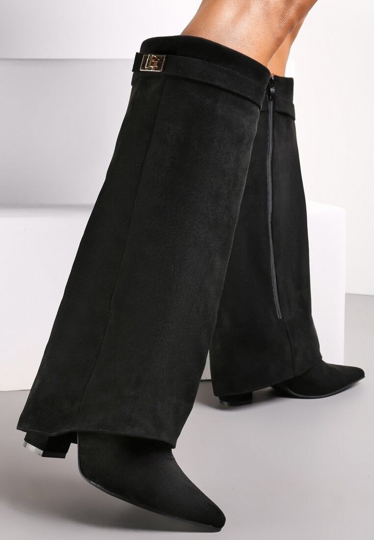 Cizme Negre cu toc gros, cu manșetă îndoită și cataramă Upaxa