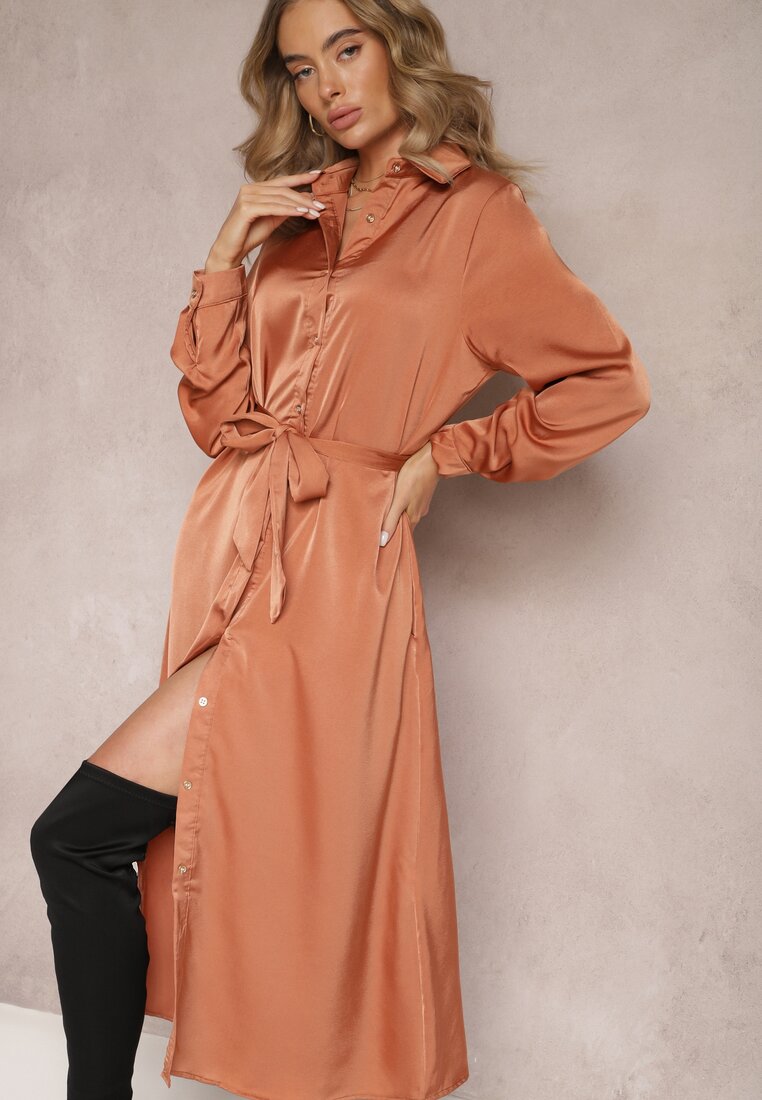 Rochie cămașă Roz Maxi cu Curea Legată Isylie