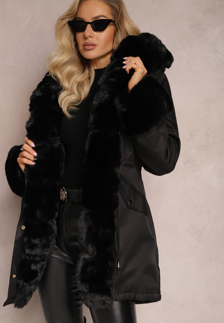 Geacă Parka Neagră cu Centură în Talie și Glugă cu Blană Hizontia
