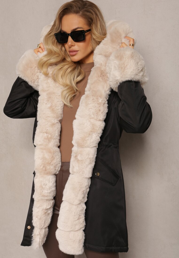 Geacă Parka Negru-Bej cu Cordon în Talie și Glugă cu Blană Hizontia