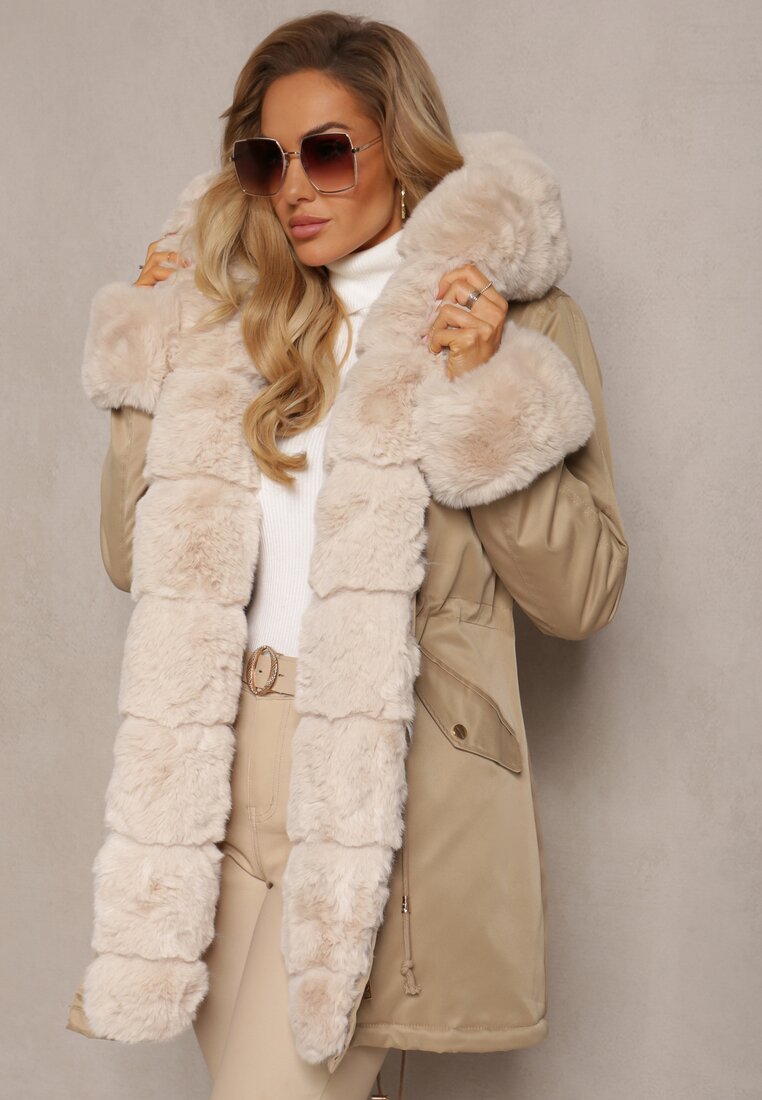 Geacă Parka Bej cu Cordon în Talie și cu Glugă cu Blană Hizontia