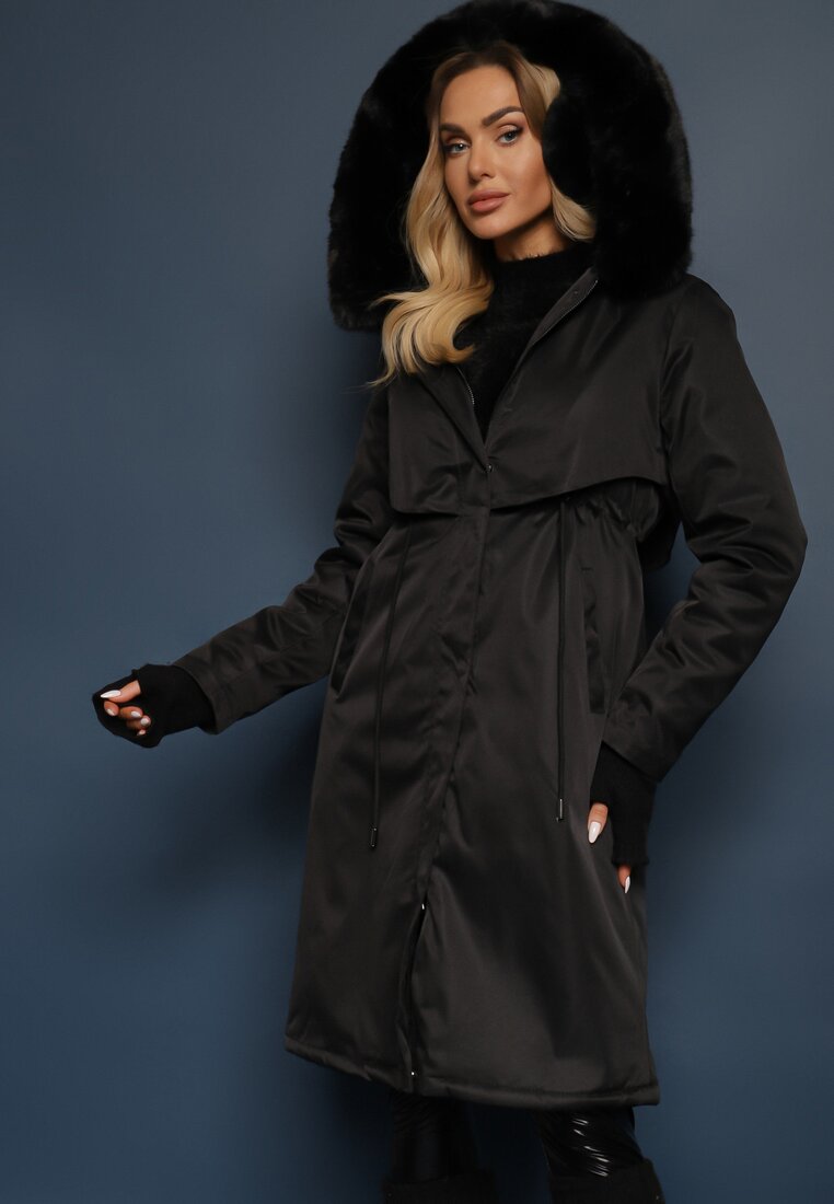Geacă tip palton Negru cu șnur și glugă cu blană decorativă Livieya