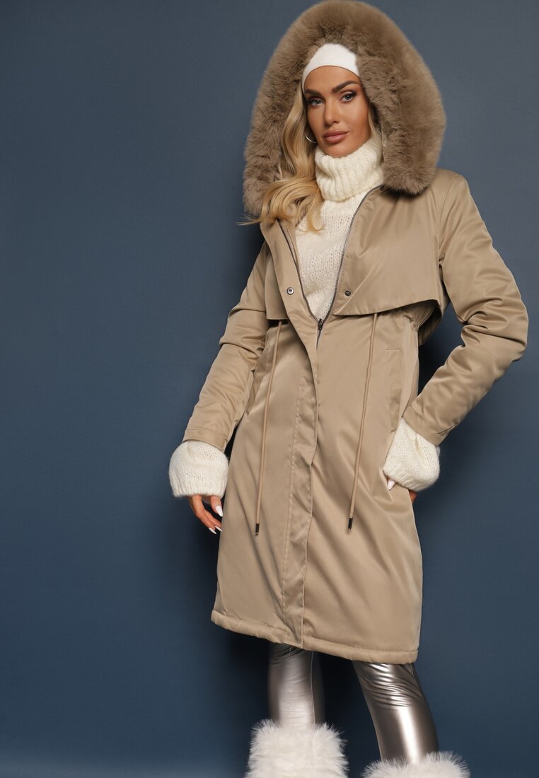 Jachetă Palton Bej cu șnur și Glugă cu Blană Decorativă Livieya