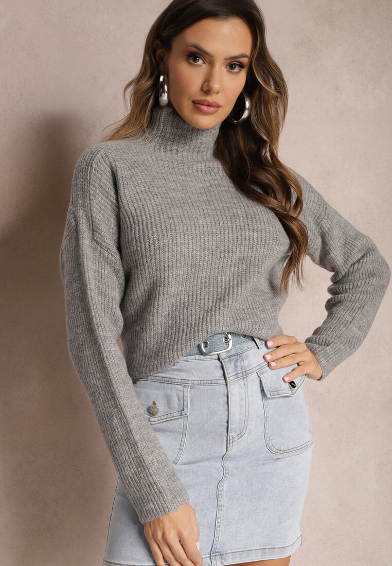 Pulover cu guler înalt Gri din Tricot Elastică Cuzze