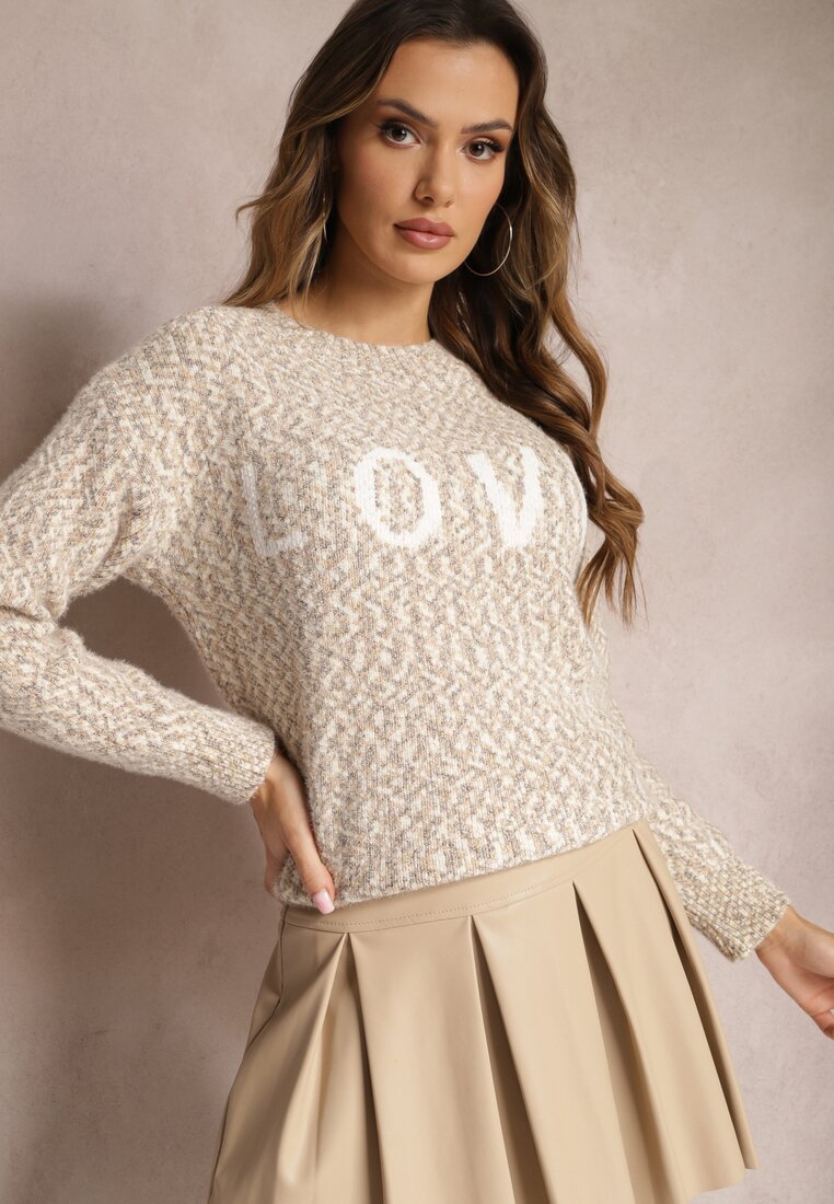 Pulover Bej cu Imprimeu Decorativ Finisat cu Borduri Elastice Minisoji