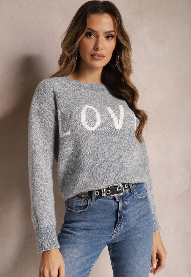 Pulover bleumarin cu inscripție decorativă finisat cu borduri elastice Minisoji