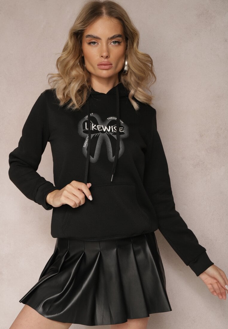 Hanorac Negru din fleece cu borduri elastice, decorat cu imprimeu Mleza