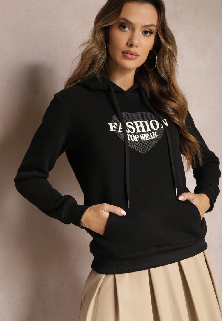 Bluză tip cangur Neagră căptușită cu fleece cu imprimeu decorativ Elili
