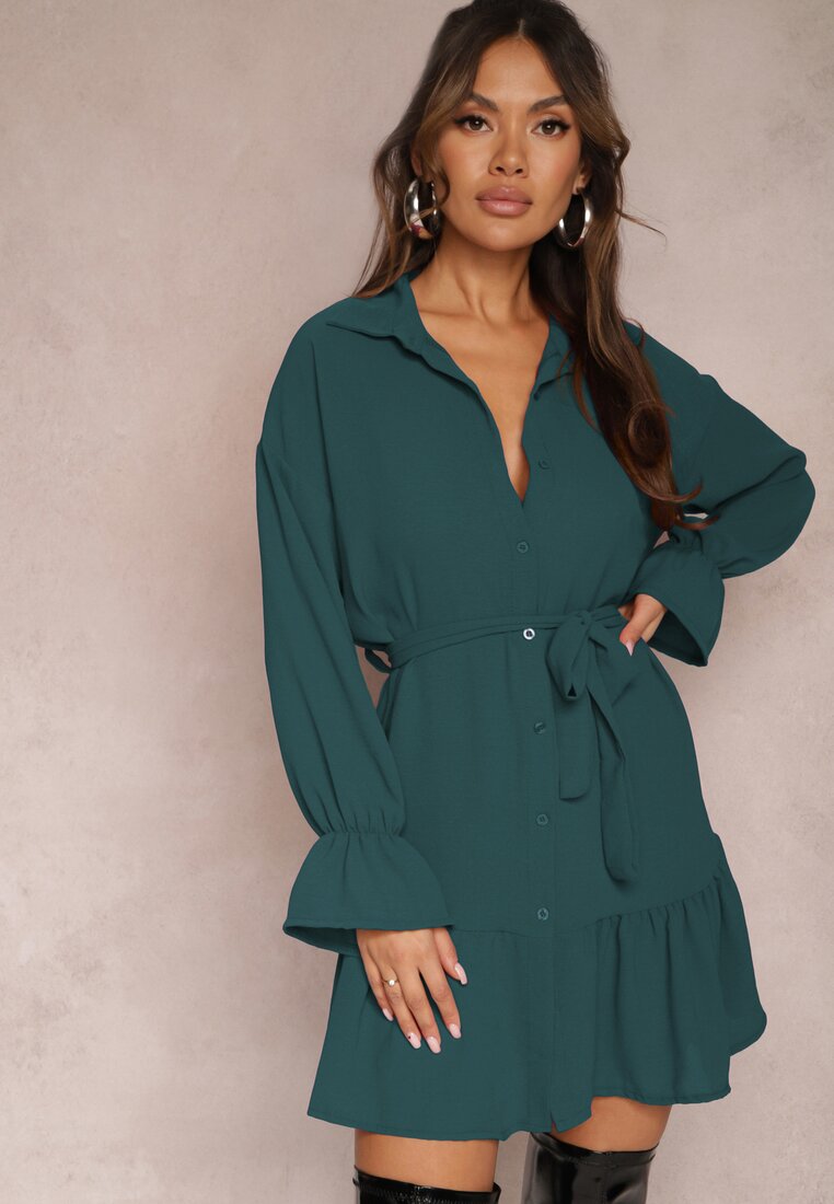 Rochie Verde închis de cămașă Mini cu Volan și Curea Legată Blisotta