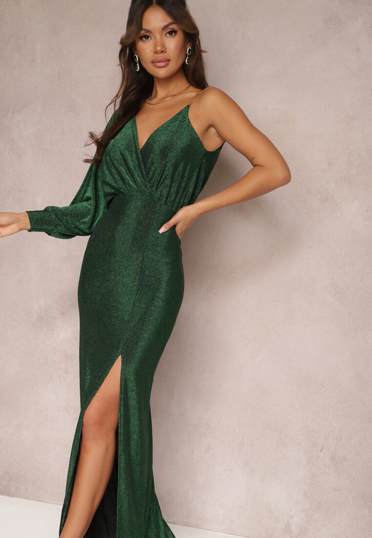 Rochie Verde Strălucitoare Maxi cu Croială Asimetrică cu Decolteu Triunghiular și Crapatură Imisnna