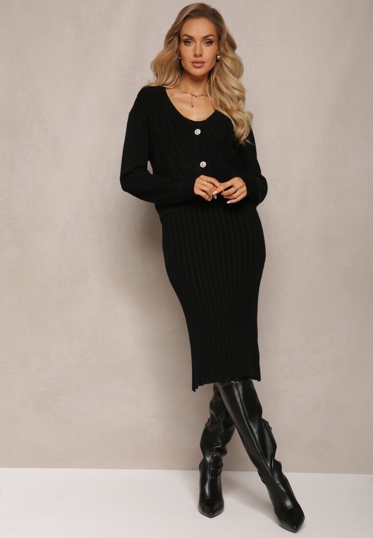 Set tricotat 2-piese Negru cu rochie și cardigan Finariel