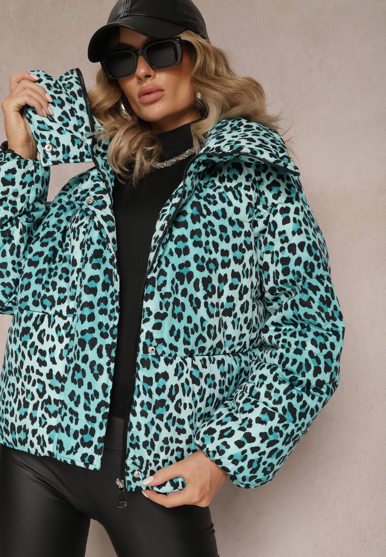 Jachetă matlasată verde deschis cu imprimeu leopard cu guler înalt Baililla