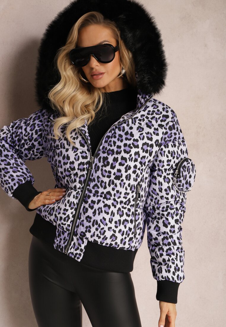 Jachetă matlasată violet cu imprimeu leopard, cu glugă și săculeț decorativ Sadeve