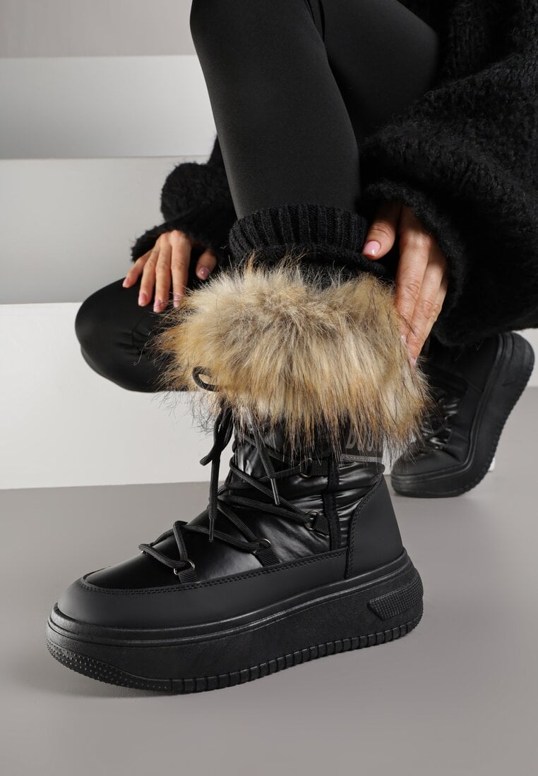 Cizme de zăpadă Negre cu talpă groasă și blană Uplift