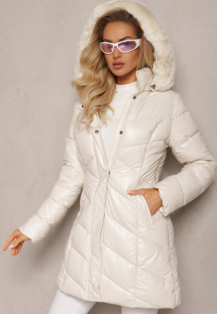 Geacă Matlasată Bej deschis cu Glugă Detașabilă și Blană Decorativă Ainoa