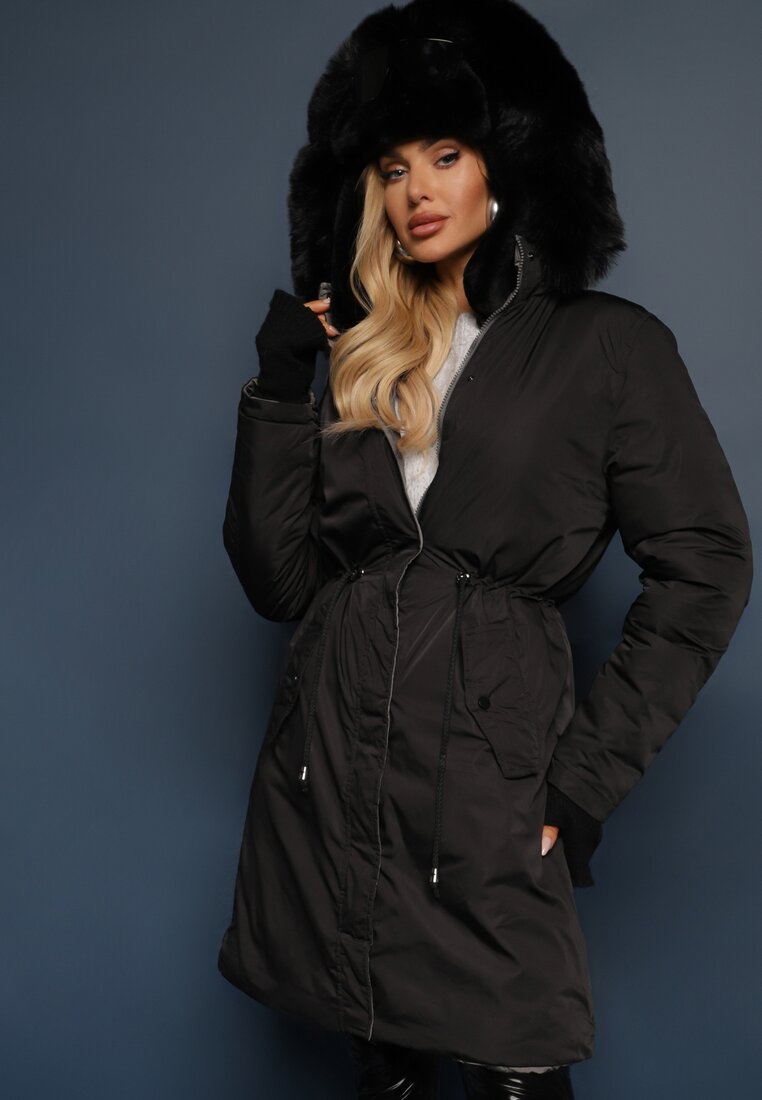 Geacă Palton Lungă Gri-Negru reversibilă cu glugă Astrae