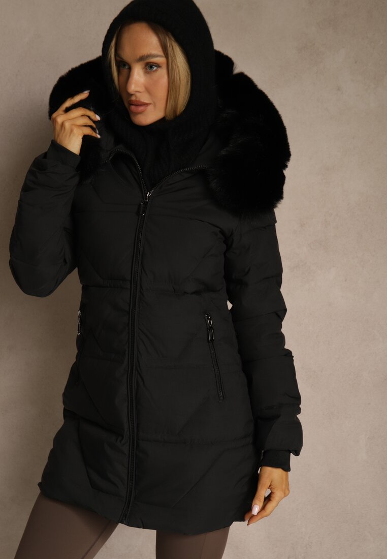 Geacă Neagră Matlasată cu Glugă și Blană Decorativă Zepiola