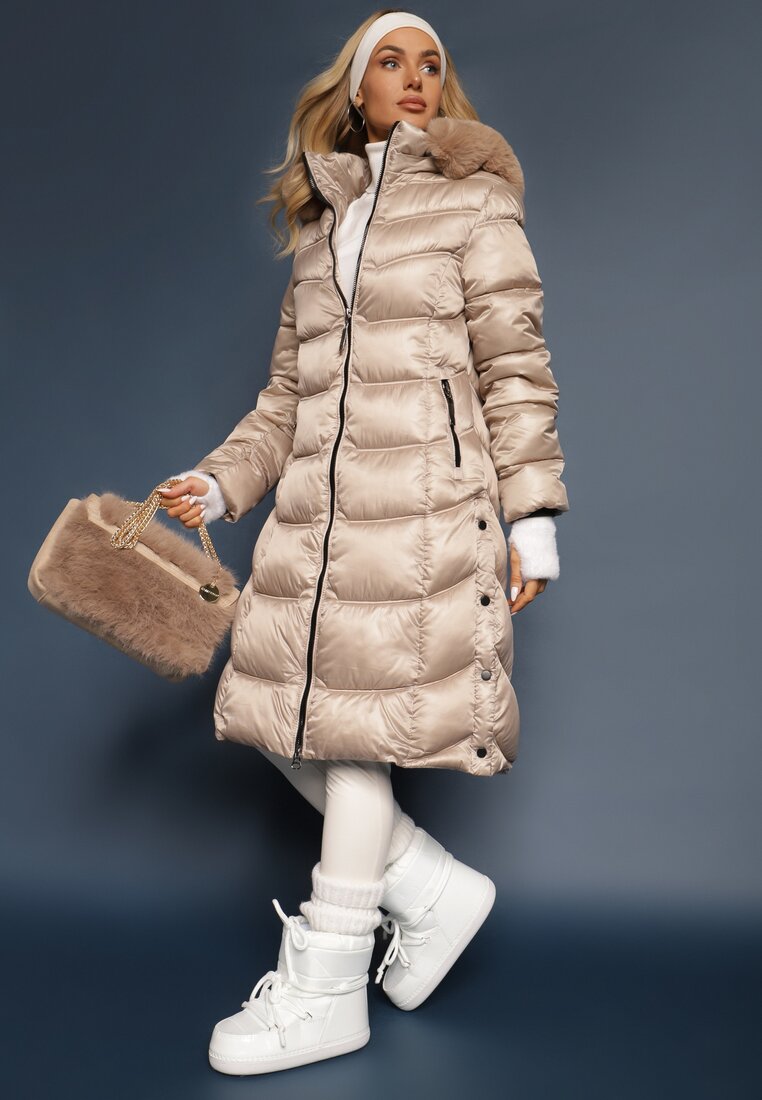 Jachetă Palton Bej până la genunchi matlasată și cu glugă detașabilă Calarin