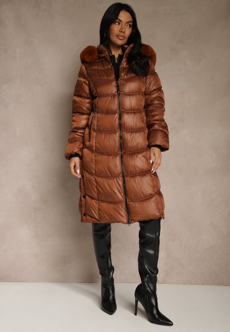 Geacă Palton Maro sub genunchi cu matlasare și glugă detașabilă Calarin