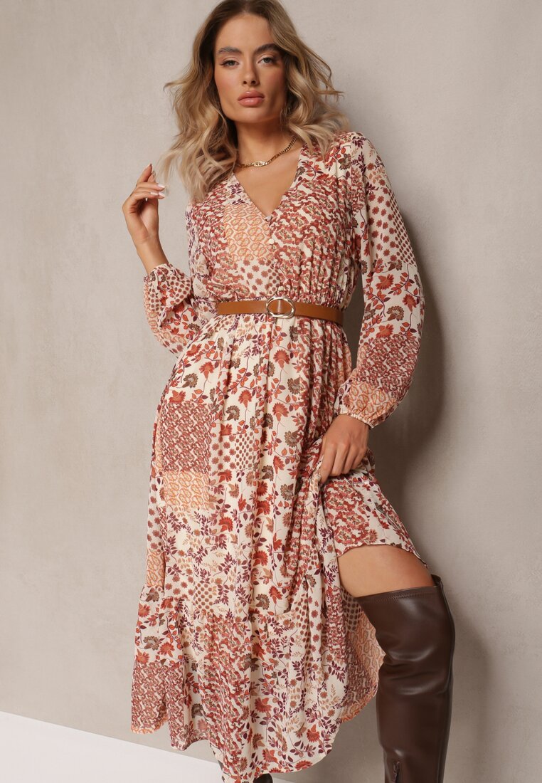 Rochie Bej și Roz Midi cu talie elastică și volan Besslia