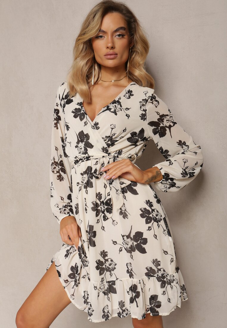 Rochie Mini Albă Evazată Florală și cu elastic în talie Elandri
