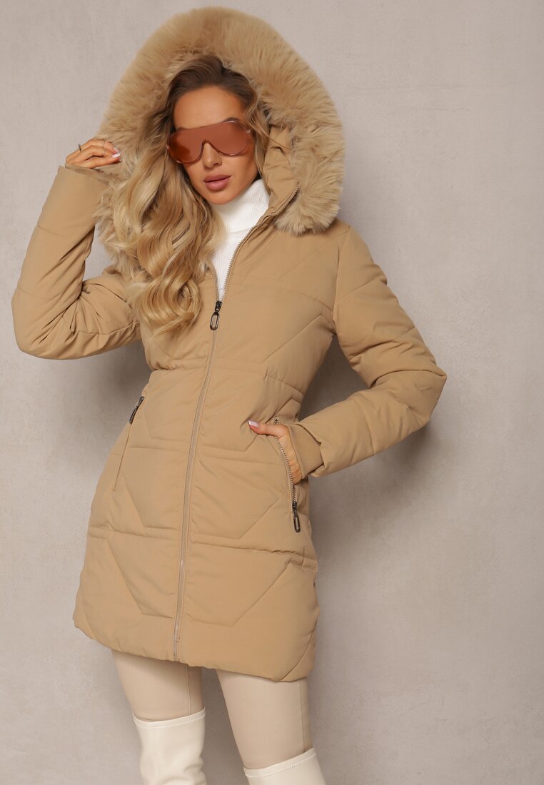 Geacă bej închis matlasată cu glugă și blană decorativă Zepiola