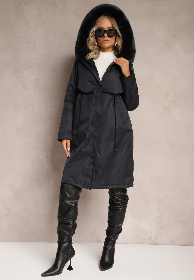 Jachetă Palton Bleumarin cu cordon și Glugă cu Blană Decorativă Livieya