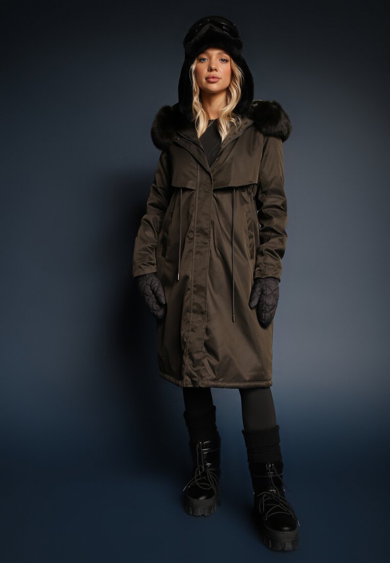 Jachetă Palton Verde cu șnur și cu glugă cu blană decorativă Livieya