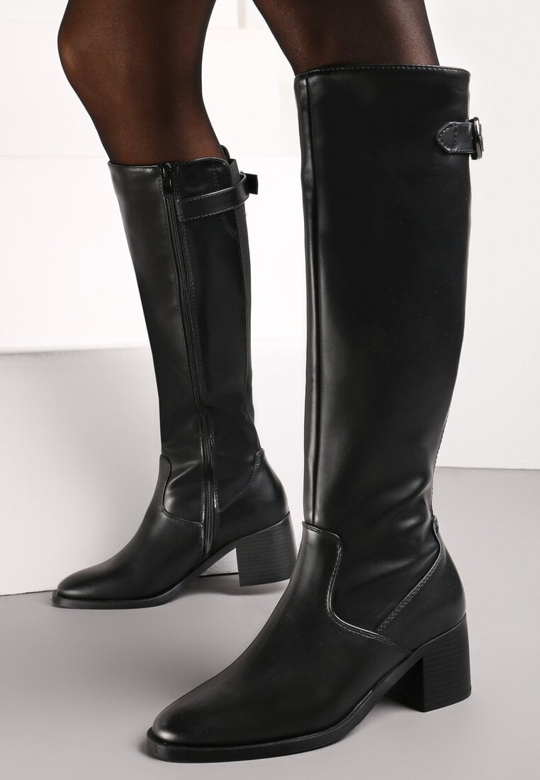 Cizme Negre Peste genunchi cu toc gros cu baretă decorativă și cusături Celinna