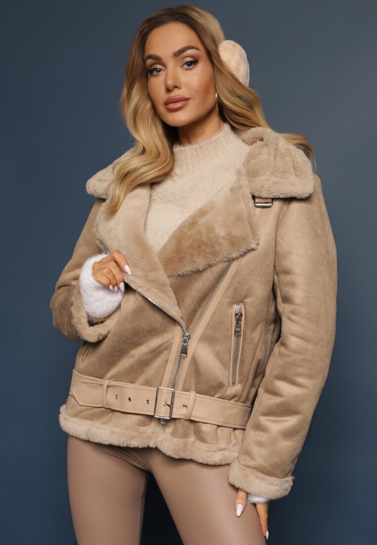 Jachetă Biker Bej cu Blăniță Decorativă și Curea cu Cataramă Emaro
