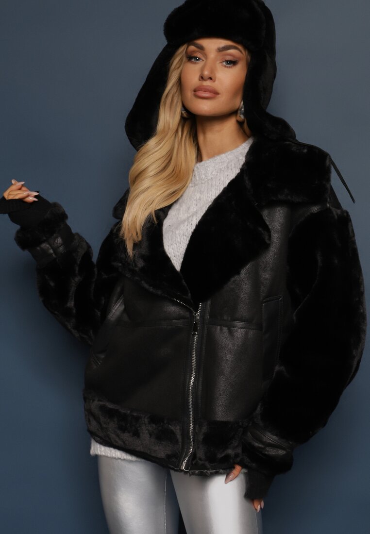 Geacă Pilot Neagră cu Blană Decorativă Grapela