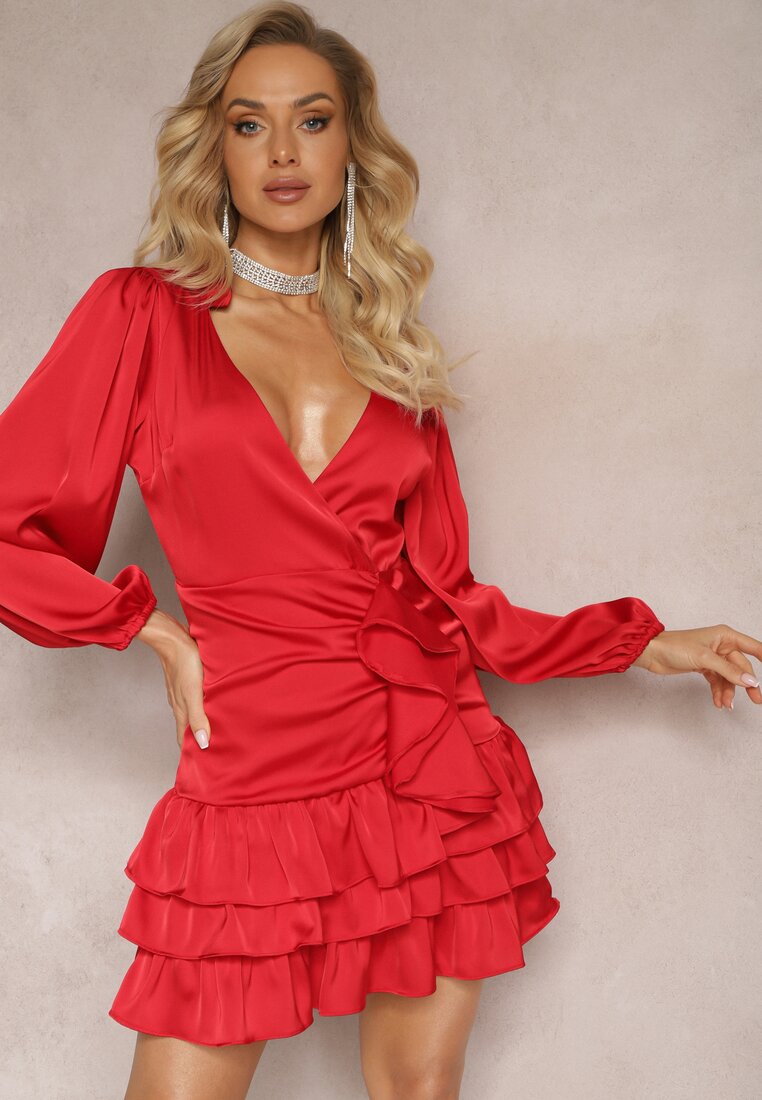 Rochie Roșie Mini cu Decolteu petrecut și Volane Onnas