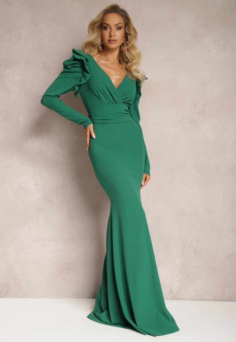 Rochie Maxi Verde cu Decolteu tip plic și Volane Serrila