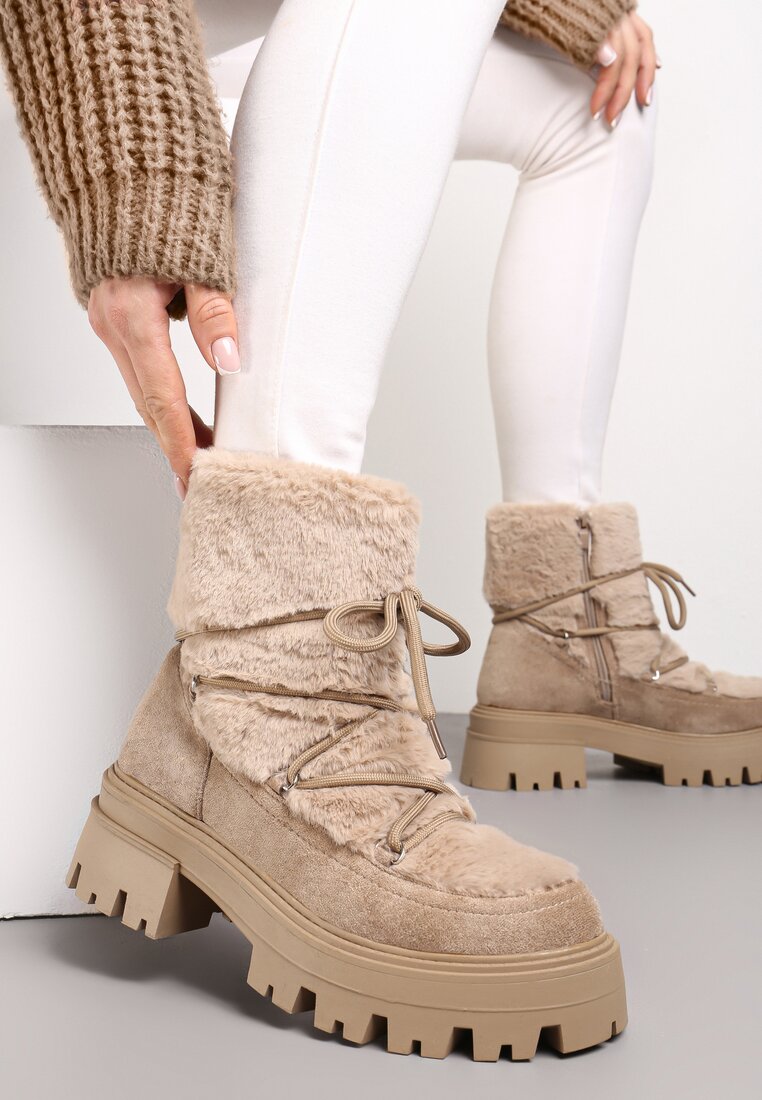 Ghete bej închis cu blană pe platformă cu șiret decorativ Cotara