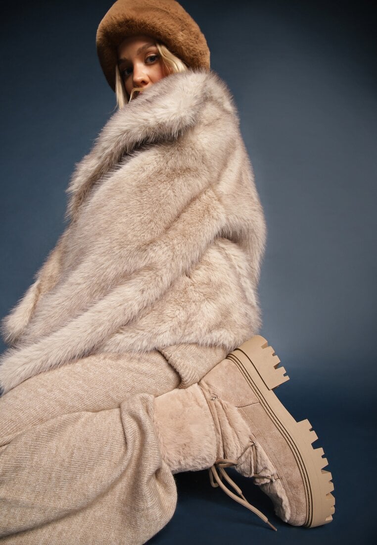 Ghete bej închis cu blană pe platformă cu șiret decorativ Cotara