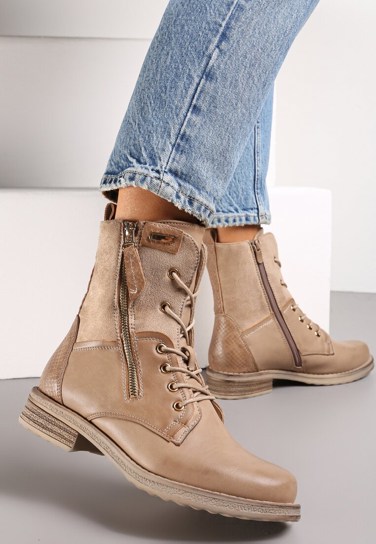 Botine Bej cu Fermoar Decorativ și Șireturi Sanara