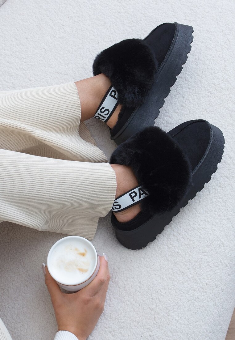 Papuci Negri pe Platformă Ornamente cu Blană și cu Elastic la Călcâi Titanra