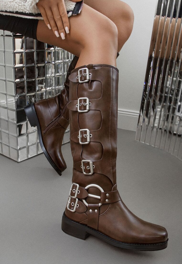 Cizme Maro Biker cu Catarame Decorative și Vârf Pătrat Vivao