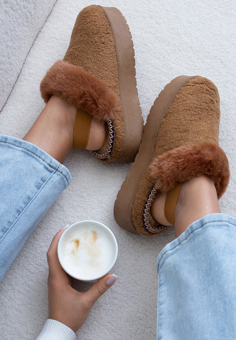 Ghete de zăpadă pufoase maro cu talpă groasă cu elastic la călcâi Sosena