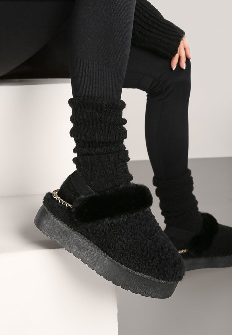 Cizme de zăpadă Negre cu Blană pe Talpă Groasă cu Elastic la Călcâi Sosena