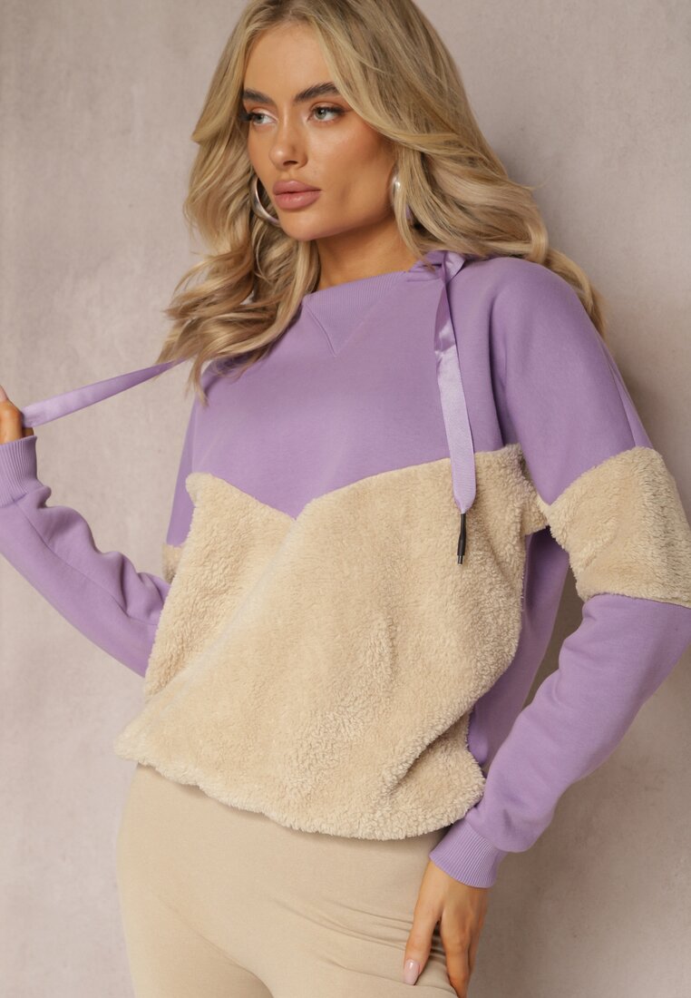 Bluză Mov deschis Bicoloră din bumbac cu inserții fleece și glugă Dikea