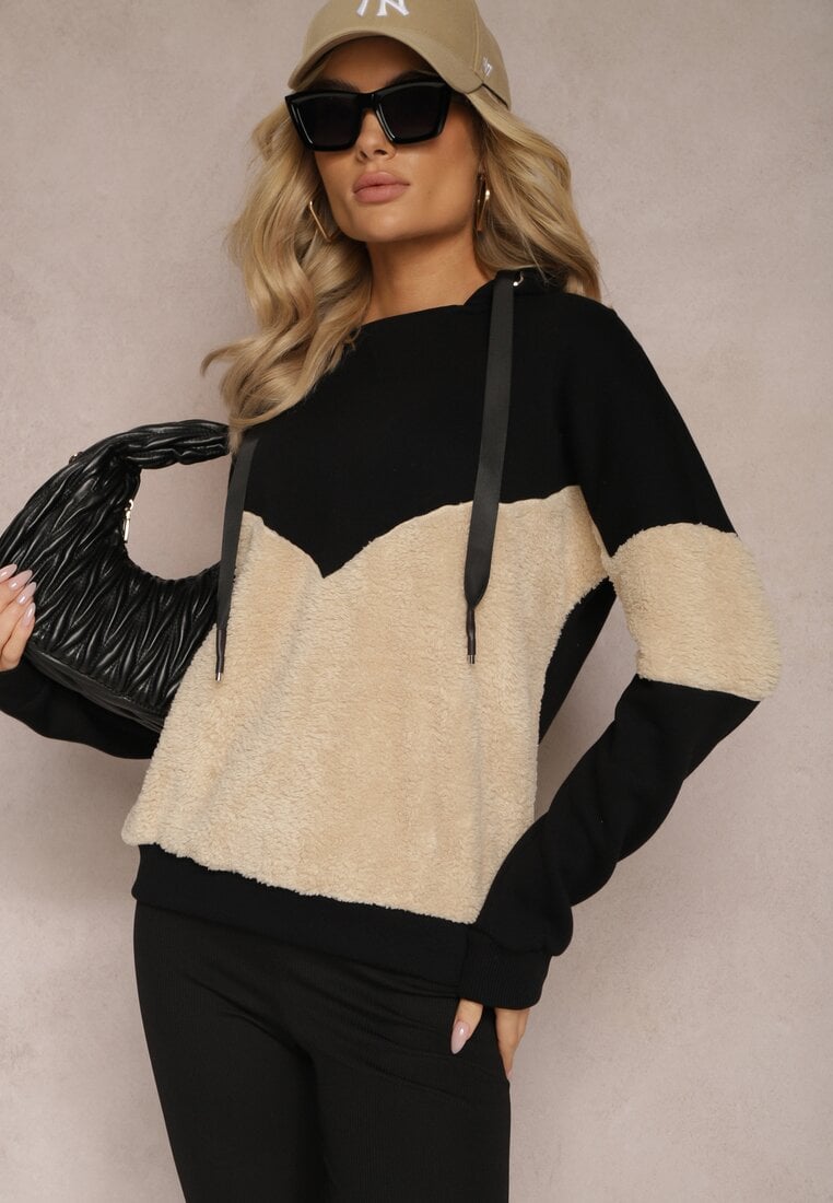 Bluză Neagră Din Bumbac Cu Glugă Cu Manșete Elastice și Fleece Eurynia
