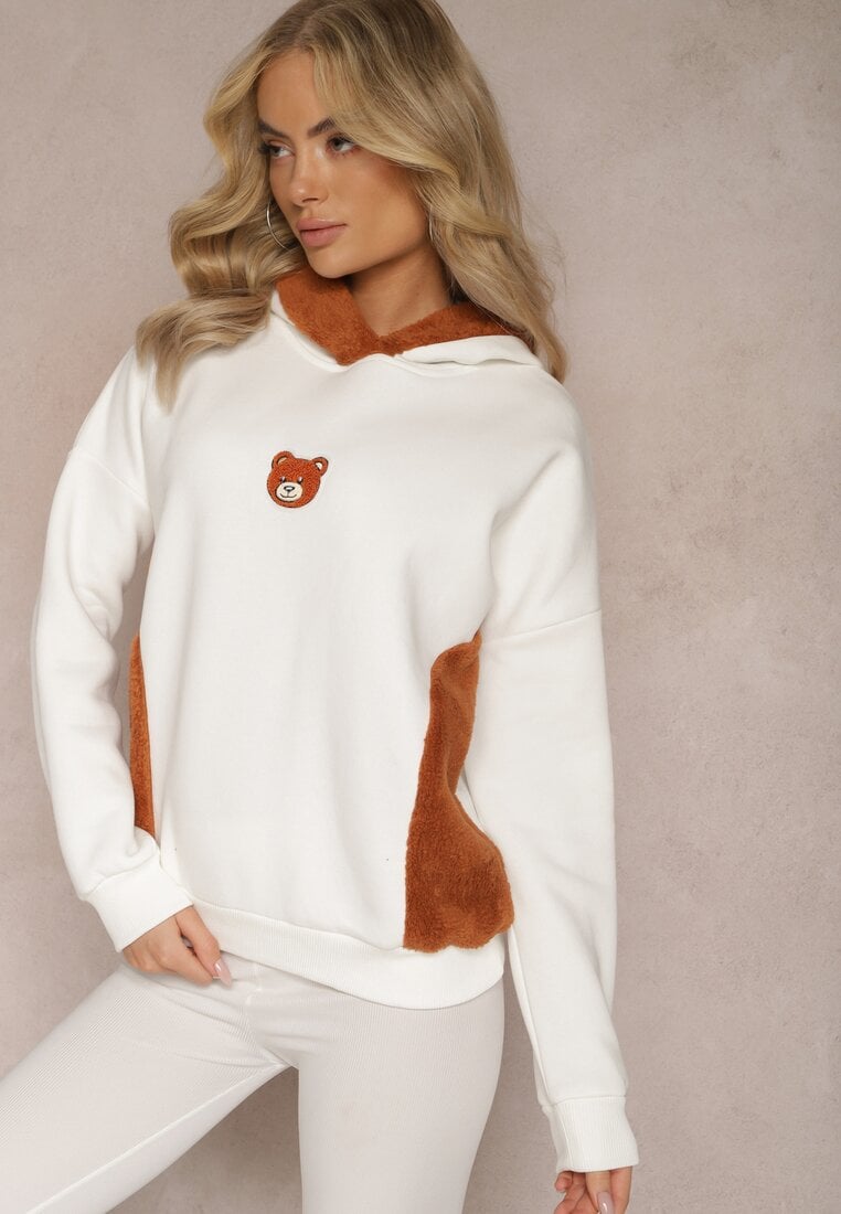Bluză Albă din Bumbac cu Aplicație Decorativă cu Ursuleț și Glugă din Fleece Hecatia